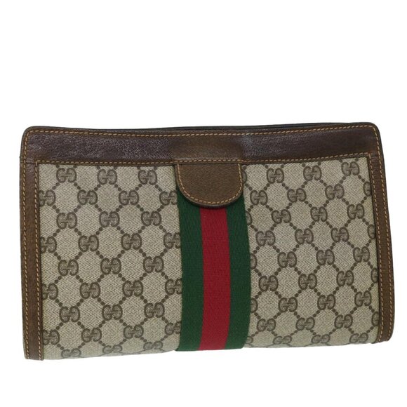 Gucci Handbags - GUCCI GG Canvas Web Sherry Line Clutch Bag PVC Leather Beige Green Auth 54839